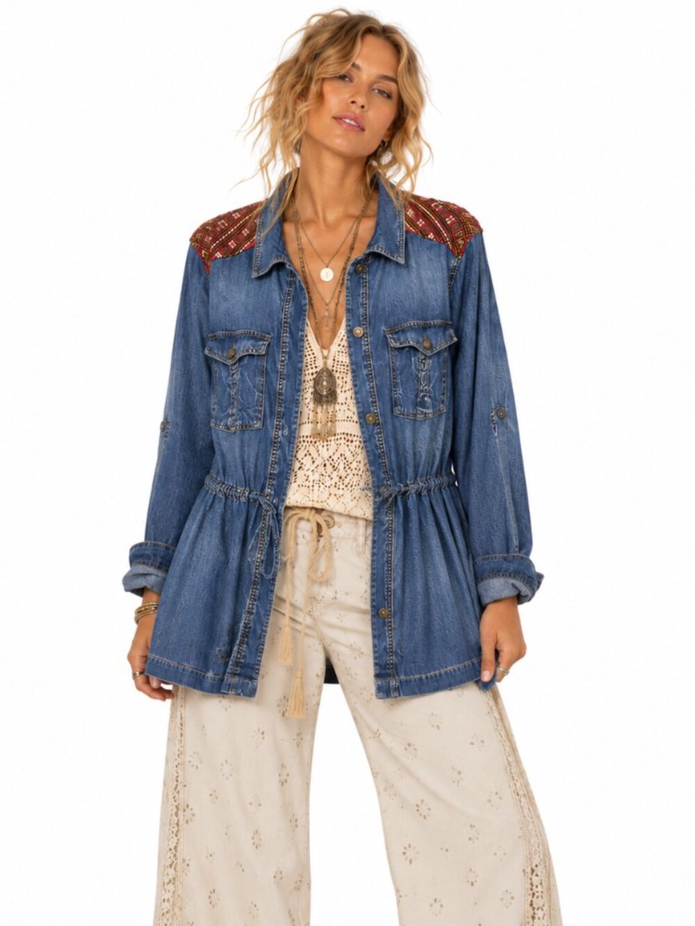 Vintage Bleu Bayou Denim Jacket Embroidered Drawstring Boho 90s Women L